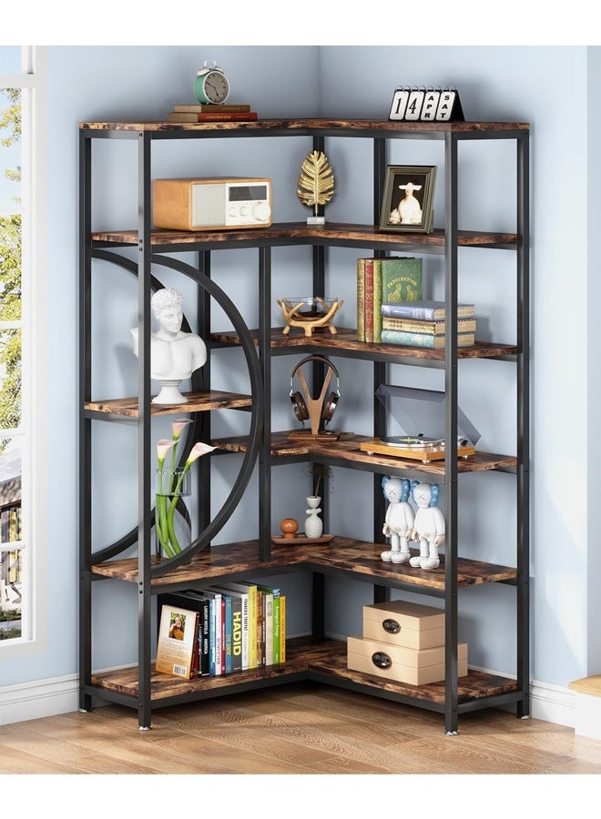 إن كي أكس رفوف كتب زاوية على شكل حرف L، 6 رفوف كتب بإطار معدني لغرفة المعيشة والمكتب المنزلي، لون بني - Image 2