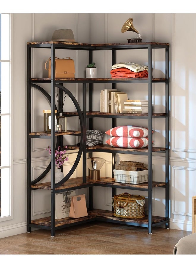 إن كي أكس رفوف كتب زاوية على شكل حرف L، 6 رفوف كتب بإطار معدني لغرفة المعيشة والمكتب المنزلي، لون بني - Image 4