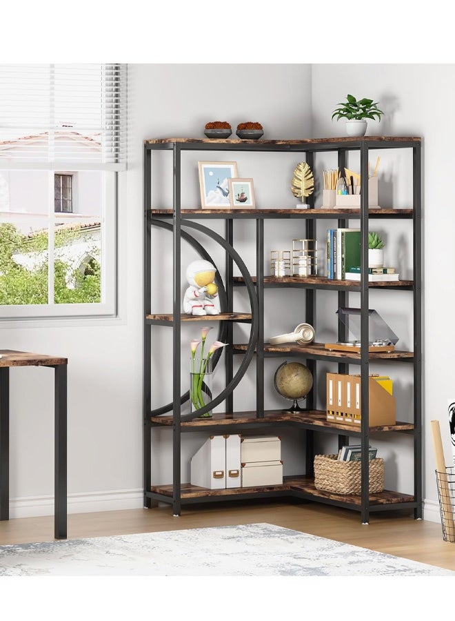 إن كي أكس رفوف كتب زاوية على شكل حرف L، 6 رفوف كتب بإطار معدني لغرفة المعيشة والمكتب المنزلي، لون بني - Image 3