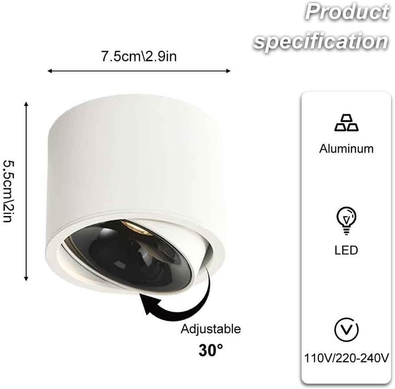 LED Ceiling Spotlight 2.9" Cylinder Spot Light Adjustable Semi Flush Mount Spotlights, Exposed Mounted Focus Accent Lamps for Hallway Living Room(Black+white-6000K,7W) (Black+White 6000K) - Image 4