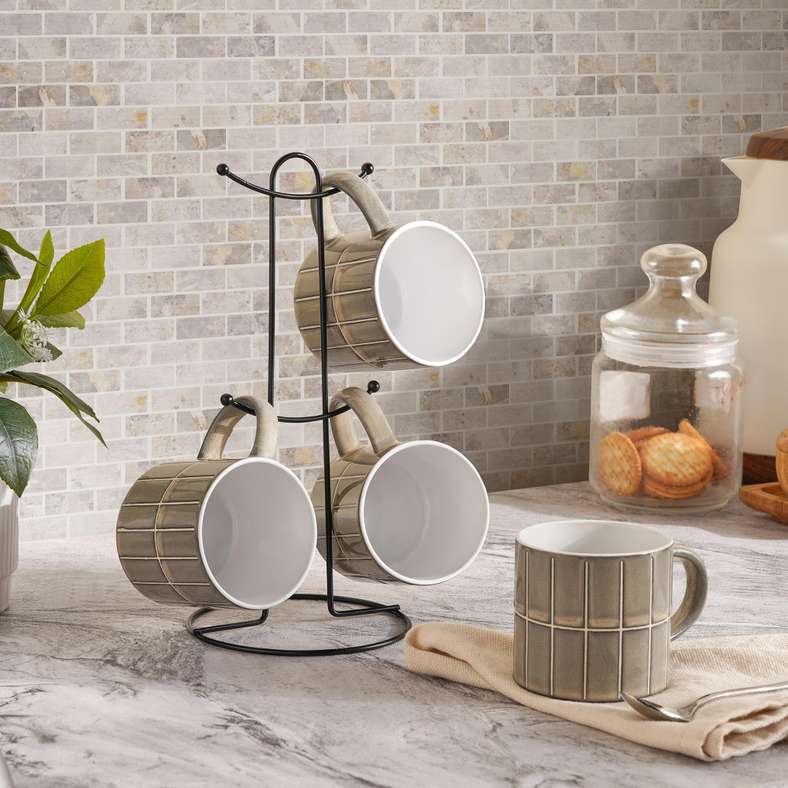 Pan Home طقم أكواب من الحجر الرملي الرمادي مع شجرة - 4 قطع