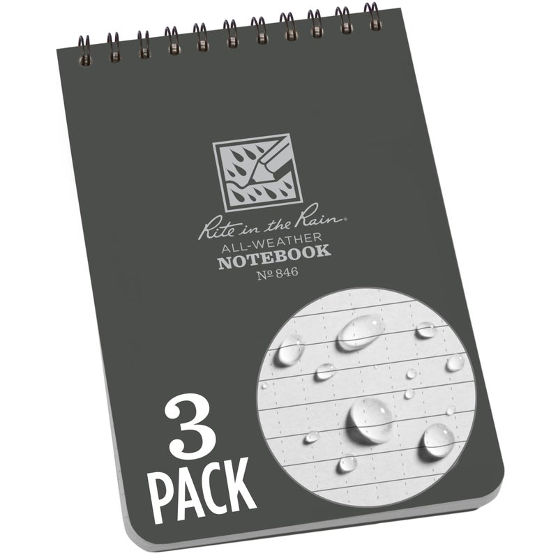 Rite in the Rain Weatherproof Top-Spiral Notebook, 4" x 6", Gray Cover, Universal Pattern, 3 Pack (No. 846-3) - Image 1