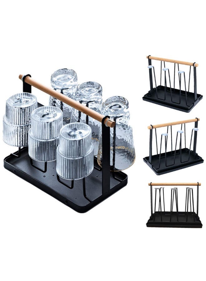 Black Metal Cup Drying Rack with Drain Pan, Wooden Handle, 6 Silicone Hooks for Mugs & Glasses - Image 4