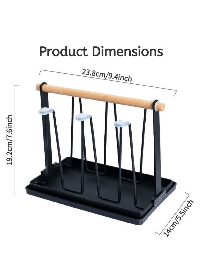 Black Metal Cup Drying Rack with Drain Pan, Wooden Handle, 6 Silicone Hooks for Mugs & Glasses - Image 2