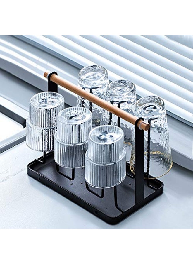 Black Metal Cup Drying Rack with Drain Pan, Wooden Handle, 6 Silicone Hooks for Mugs & Glasses - Image 3