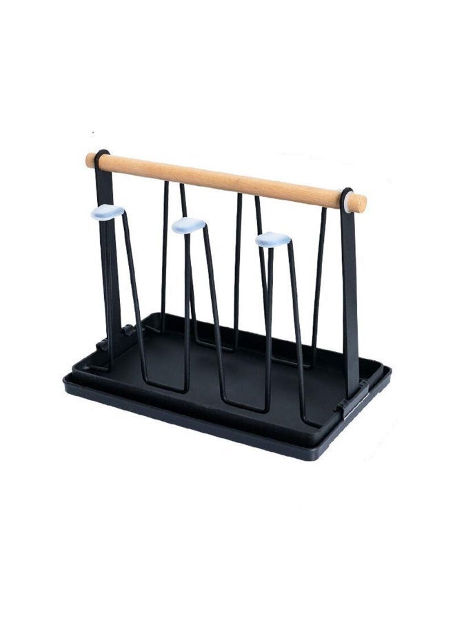 Black Metal Cup Drying Rack with Drain Pan, Wooden Handle, 6 Silicone Hooks for Mugs & Glasses - Image 1