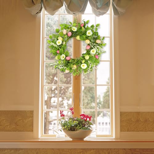 AMF0RESJ Artificial Easter Wreaths for Front Door Spring Summer Wreath with Poppy Flower,Colorful Eggs,Green Leaves for Front Door Indoor Outdoor Farmhouse Home Wall Window Festival Wedding Decor - Image 4