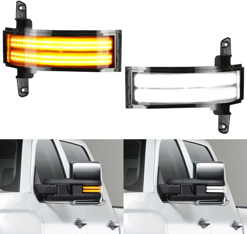 ROCCS Flashing Turn Signal Lights White DRL LED Side Tow Mirror Marker Light competible with Chevy Silverado GMC Sierra 2014–2019 OEM ONLY, Smoke Lens - Image 1
