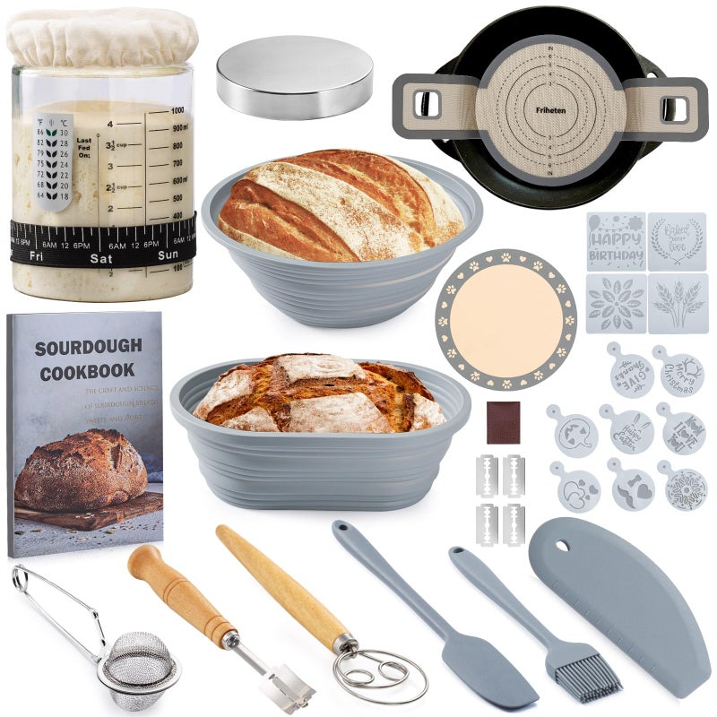 Sourdough Starter Kit Sourdough Bread Baking Supplies 40oz Sourdough Starter Jar Silicone Banneton Bread Proofing Basket Set with 9 Round 10 OvalArtisan Bread Baking ToolsSilicone Bread Sling