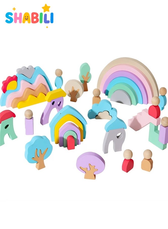 SHABILI Wooden Rainbow Stacking Building Blocks Toy Set, Montessori Balance Stacking Toys with Fairytale Town Shapes Trees and Figures, Early Educational Learning Puzzle Blocks for Kids Toddlers Boys Girls Age 3+ - Image 1