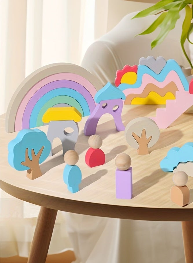 SHABILI Wooden Rainbow Stacking Building Blocks Toy Set, Montessori Balance Stacking Toys with Fairytale Town Shapes Trees and Figures, Early Educational Learning Puzzle Blocks for Kids Toddlers Boys Girls Age 3+ - Image 4