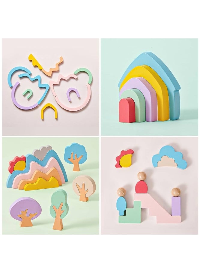 SHABILI Wooden Rainbow Stacking Building Blocks Toy Set, Montessori Balance Stacking Toys with Fairytale Town Shapes Trees and Figures, Early Educational Learning Puzzle Blocks for Kids Toddlers Boys Girls Age 3+ - Image 3