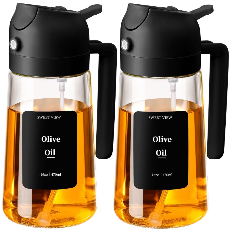 SWEET VIEW 2PCS Oil Sprayer for Cooking, 470ml 2 In 1 Sprayr & Pour, Glass Olive Oil Dispenser Pourer for Kitchen, Air Fryer, Cooking, Salad, BBQ (Black,Black) - Image 1