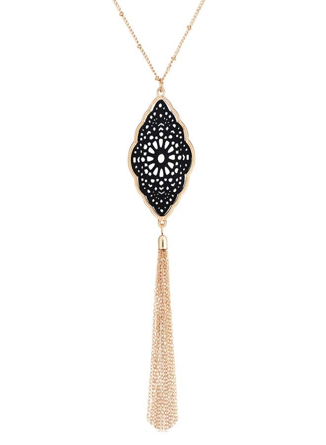 PHALIN Long Necklace for Women Leopard Quatrefoil Pendant Necklace Bohemia Fringe Tassel Necklaces Y Chain Necklace Fashion Jewelry (E Gold-Black) - Image 1