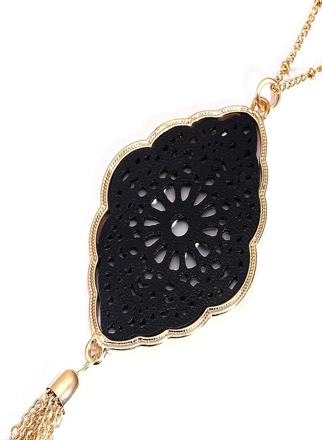 PHALIN Long Necklace for Women Leopard Quatrefoil Pendant Necklace Bohemia Fringe Tassel Necklaces Y Chain Necklace Fashion Jewelry (E Gold-Black) - Image 4