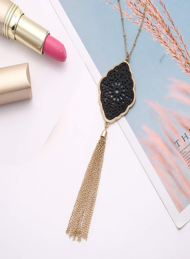 PHALIN Long Necklace for Women Leopard Quatrefoil Pendant Necklace Bohemia Fringe Tassel Necklaces Y Chain Necklace Fashion Jewelry (E Gold-Black) - Image 5