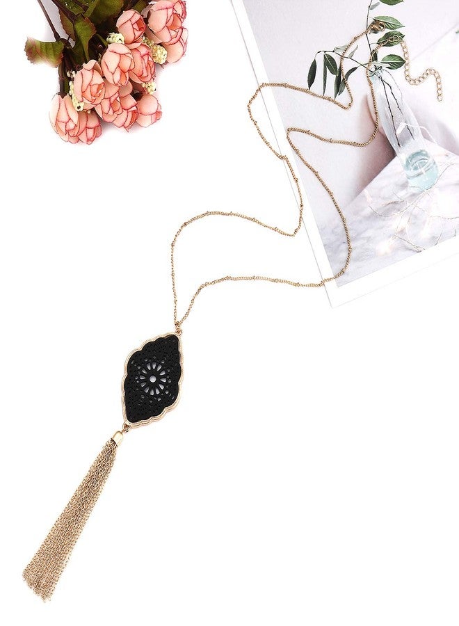 PHALIN Long Necklace for Women Leopard Quatrefoil Pendant Necklace Bohemia Fringe Tassel Necklaces Y Chain Necklace Fashion Jewelry (E Gold-Black) - Image 3
