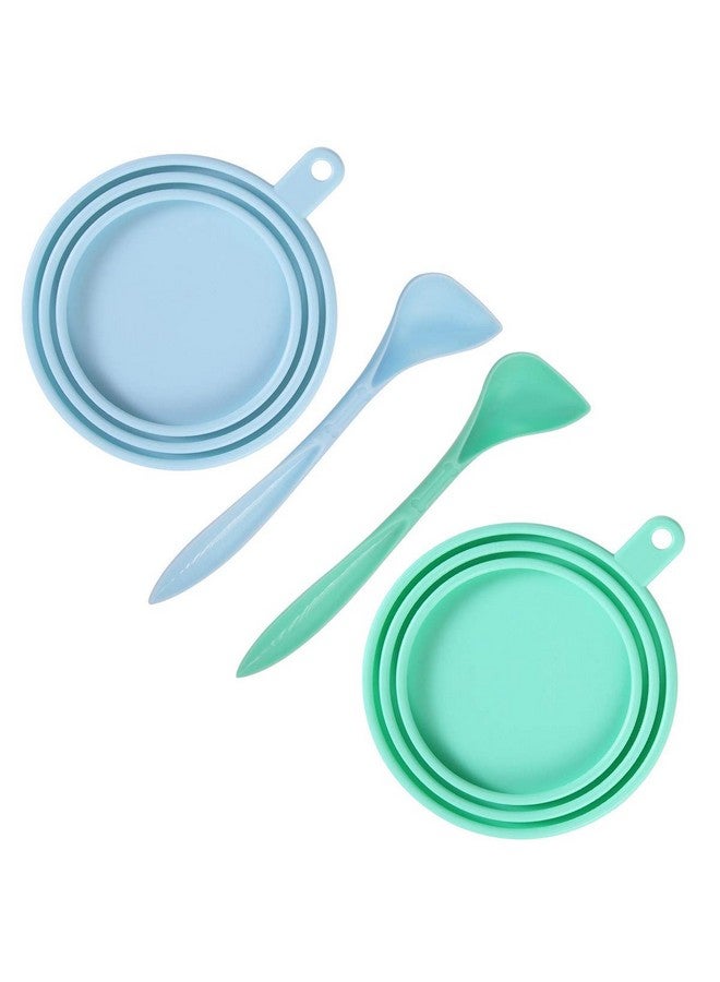عبوة من 2 غطاء علب طعام الحيوانات الأليفة من السيليكون العالمي للقطط والكلاب، 1 يناسب 3 أغطية علب بحجم قياسي مع 2 ملعقة، أزرق فاتح وأخضر - Image 1