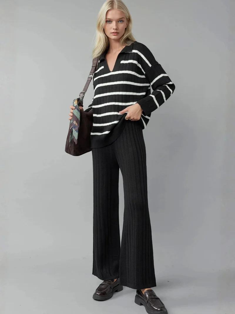 MY FASHION MY FASHION Striped Knit Co-ord Set with Polo Collar