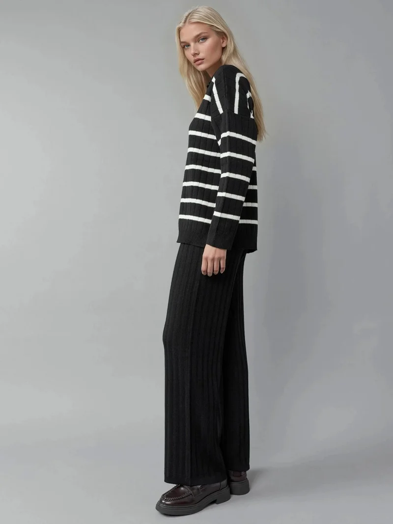 MY FASHION MY FASHION Striped Knit Co-ord Set with Polo Collar