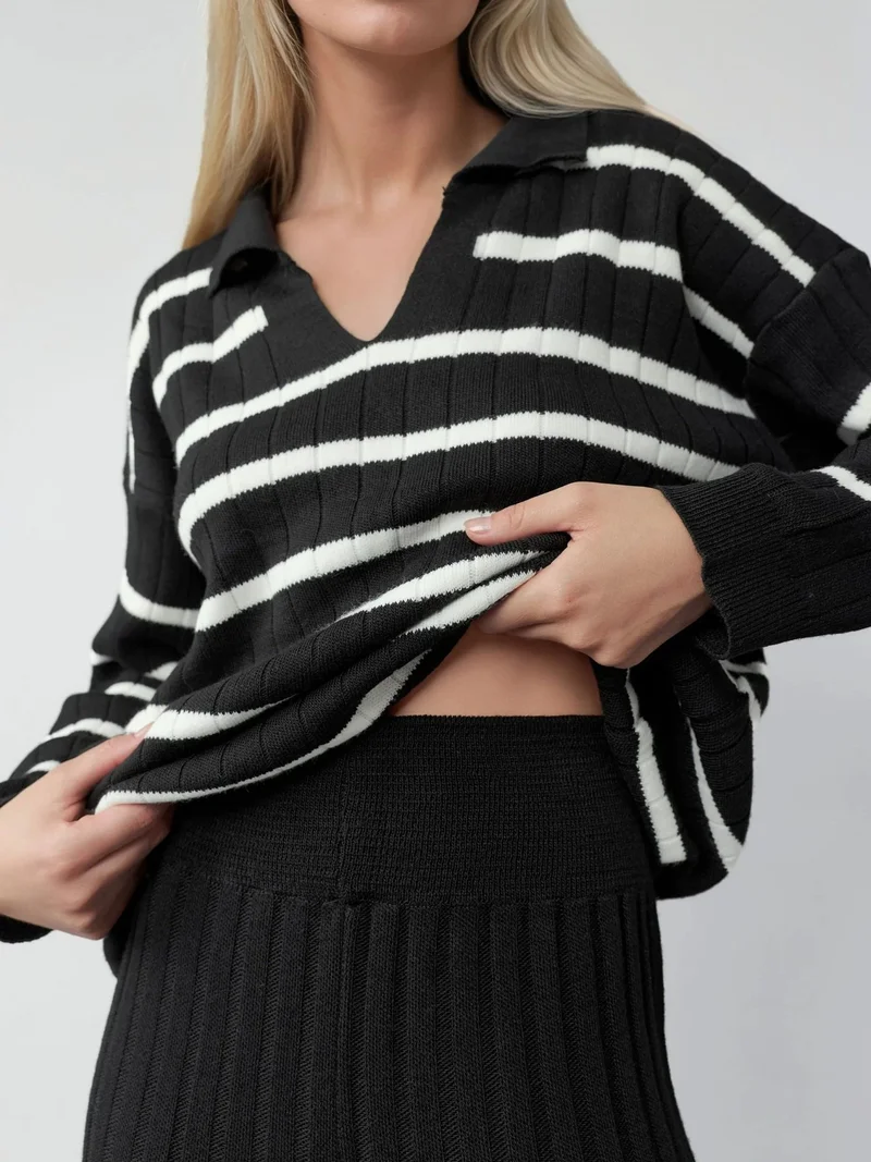 MY FASHION Black MY FASHION Striped Knit Co-ord Set with Polo Collar for Women | Best Price UAE