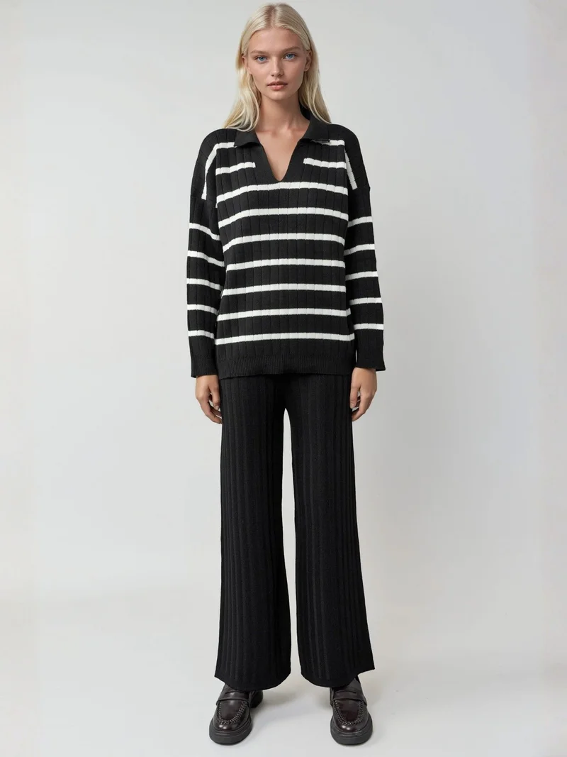 MY FASHION Black MY FASHION Striped Knit Co-ord Set with Polo Collar for Women | Best Price UAE