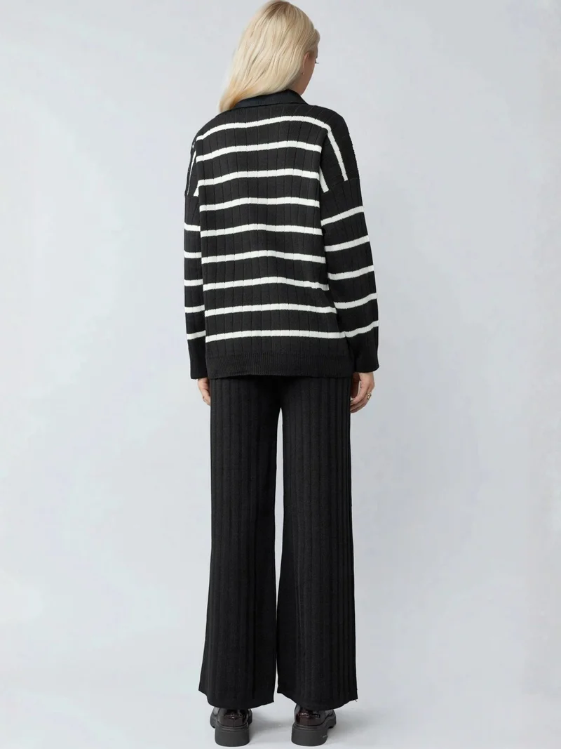 MY FASHION Black MY FASHION Striped Knit Co-ord Set with Polo Collar for Women | Best Price UAE