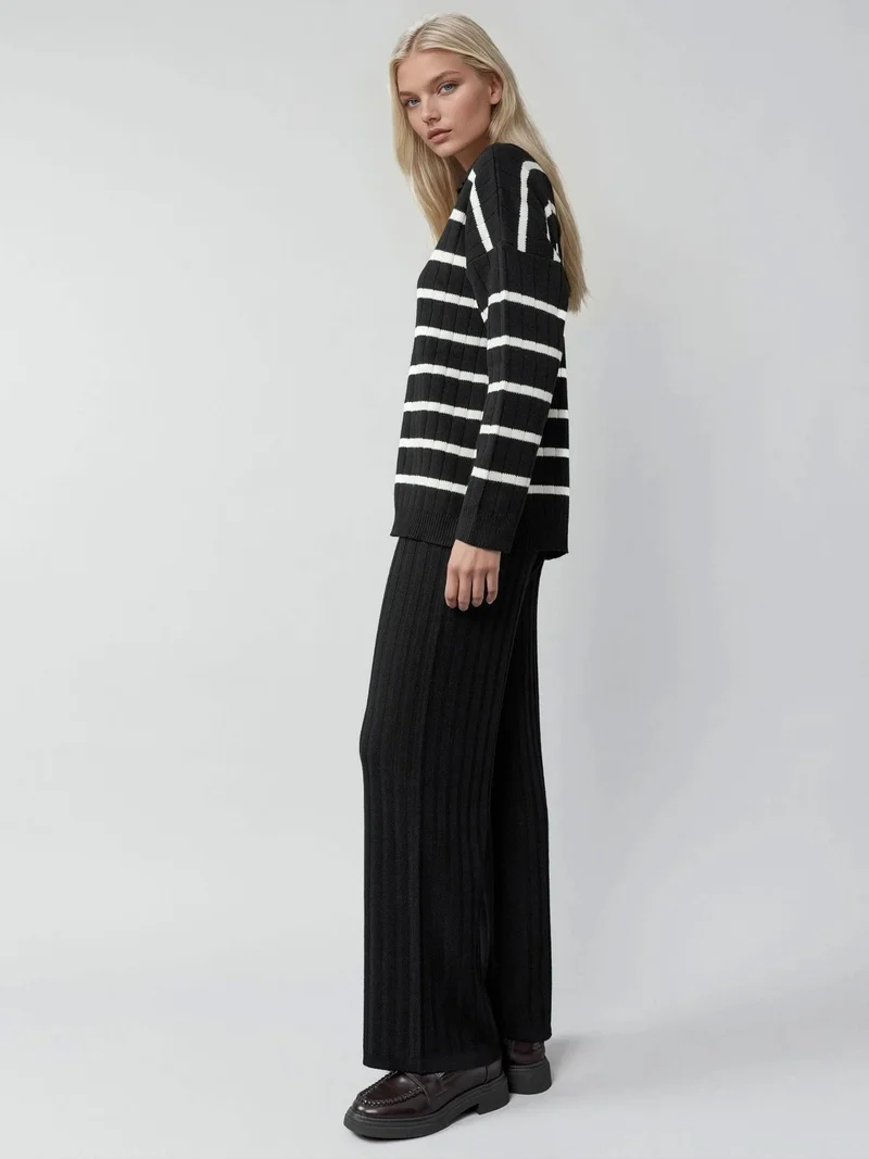 MY FASHION MY FASHION Striped Knit Co-ord Set with Polo Collar