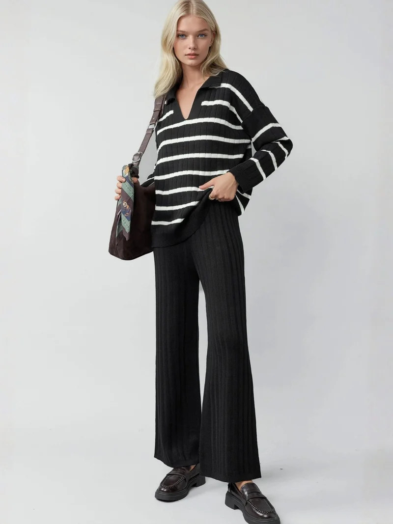 MY FASHION MY FASHION Striped Knit Co-ord Set with Polo Collar