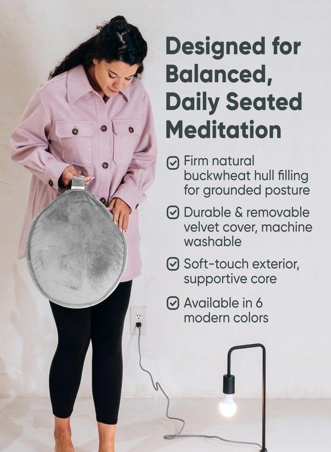 Mindful Modern & Velvet Meditation Cushion | Luxe Zafu Yoga Floor Pillow Seat | Posture Support | Buckwheat Hull Filled | Large Round Cushion with Removable Washable Cover + Carry Handle | Color Grey - Image 4
