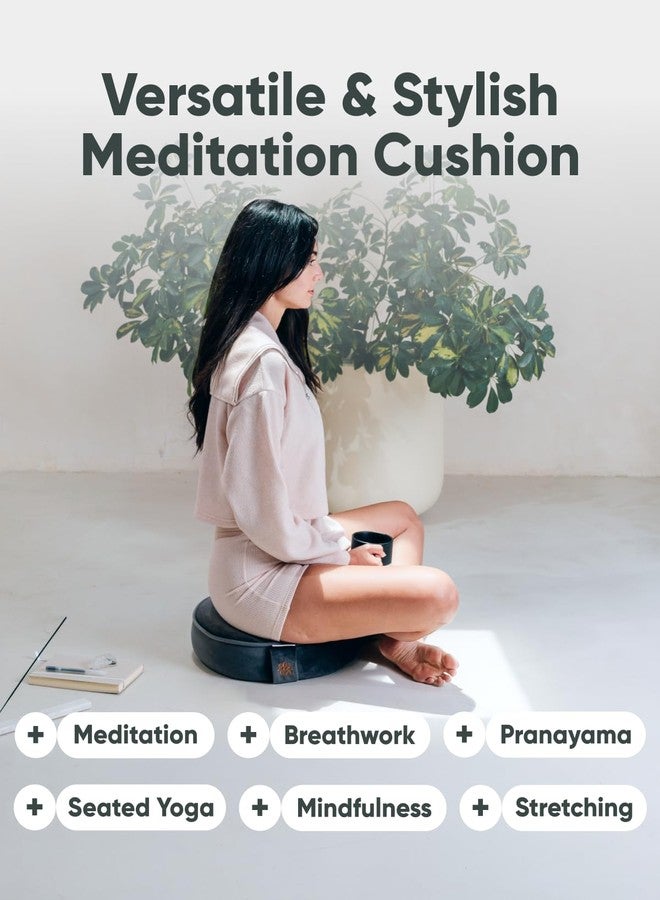 Mindful Modern & Velvet Meditation Cushion | Luxe Zafu Yoga Floor Pillow Seat | Posture Support | Buckwheat Hull Filled | Large Round Cushion with Removable Washable Cover + Carry Handle | Color Grey - Image 5