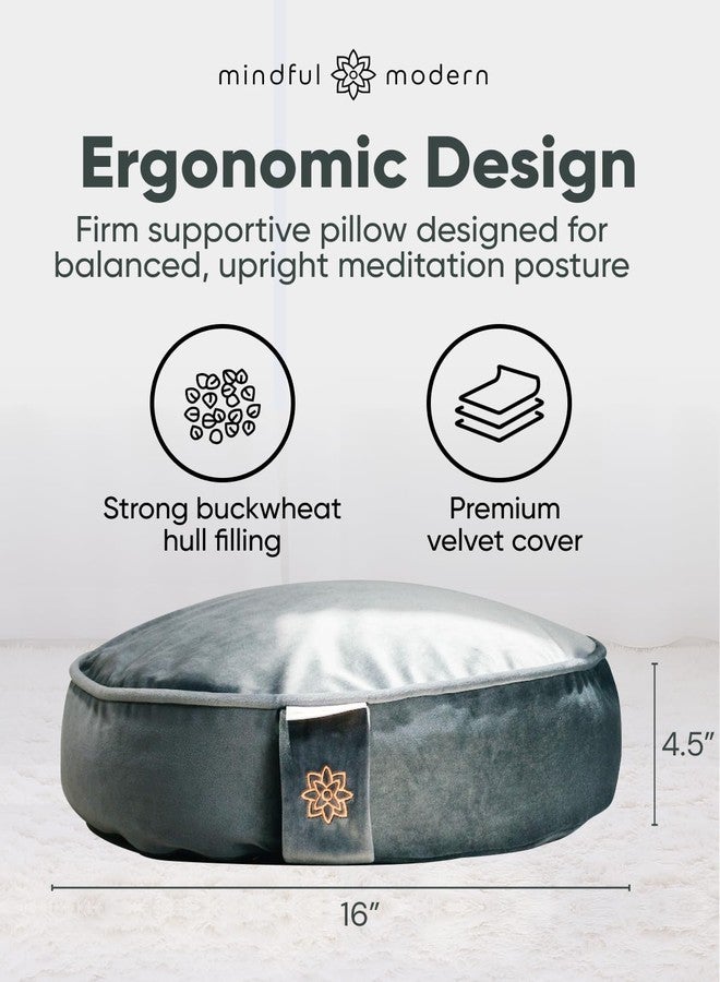 Mindful Modern & Velvet Meditation Cushion | Luxe Zafu Yoga Floor Pillow Seat | Posture Support | Buckwheat Hull Filled | Large Round Cushion with Removable Washable Cover + Carry Handle | Color Grey - Image 3