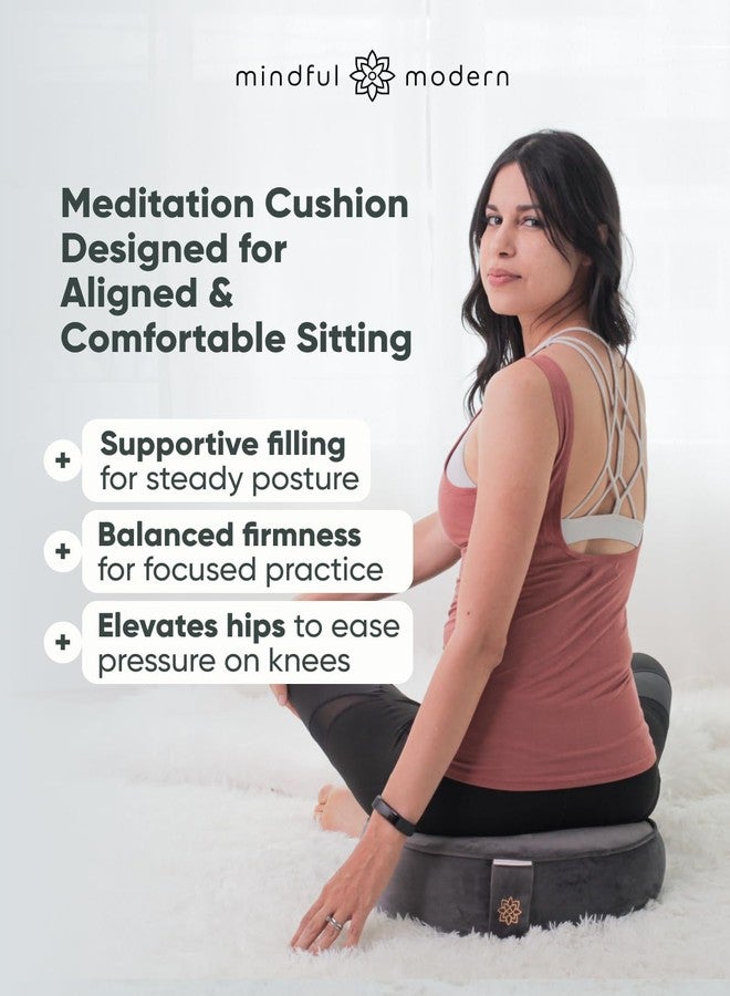 Mindful Modern & Velvet Meditation Cushion | Luxe Zafu Yoga Floor Pillow Seat | Posture Support | Buckwheat Hull Filled | Large Round Cushion with Removable Washable Cover + Carry Handle | Color Grey - Image 2