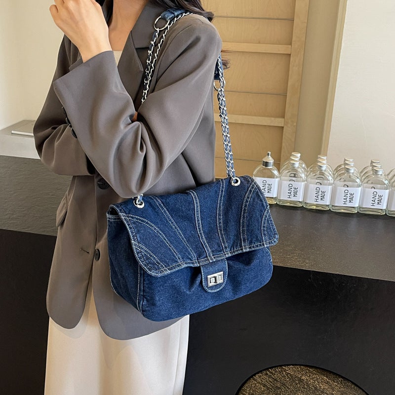 Vintage Denim Large Capacity Bag Women'S Trendy Niche Chain Underarm Shoulder Bag Fashionable Crossbody Bag - Image 3