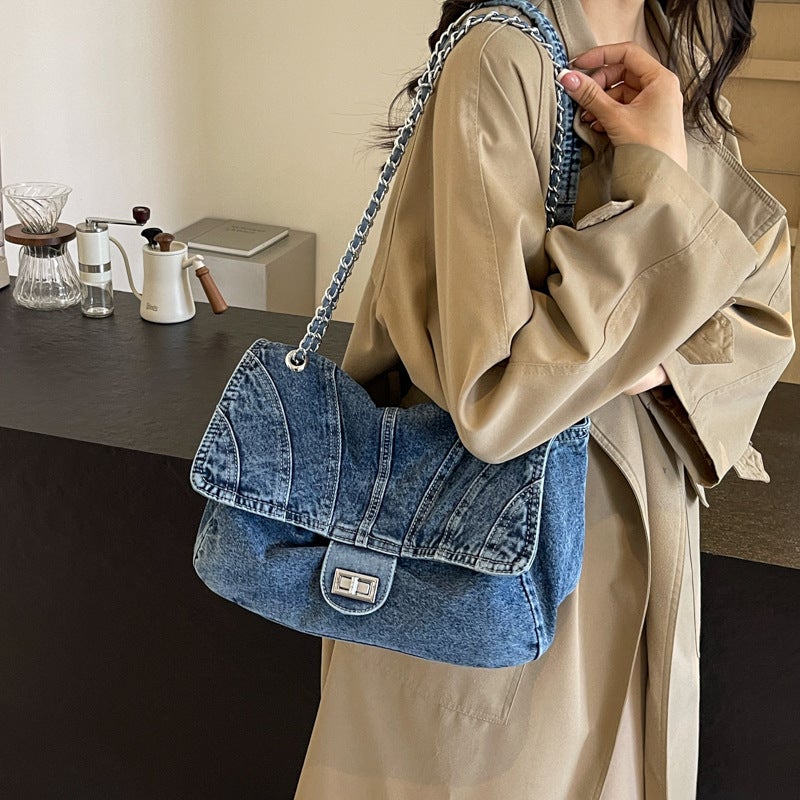Vintage Denim Large Capacity Bag Women'S Trendy Niche Chain Underarm Shoulder Bag Fashionable Crossbody Bag - Image 4