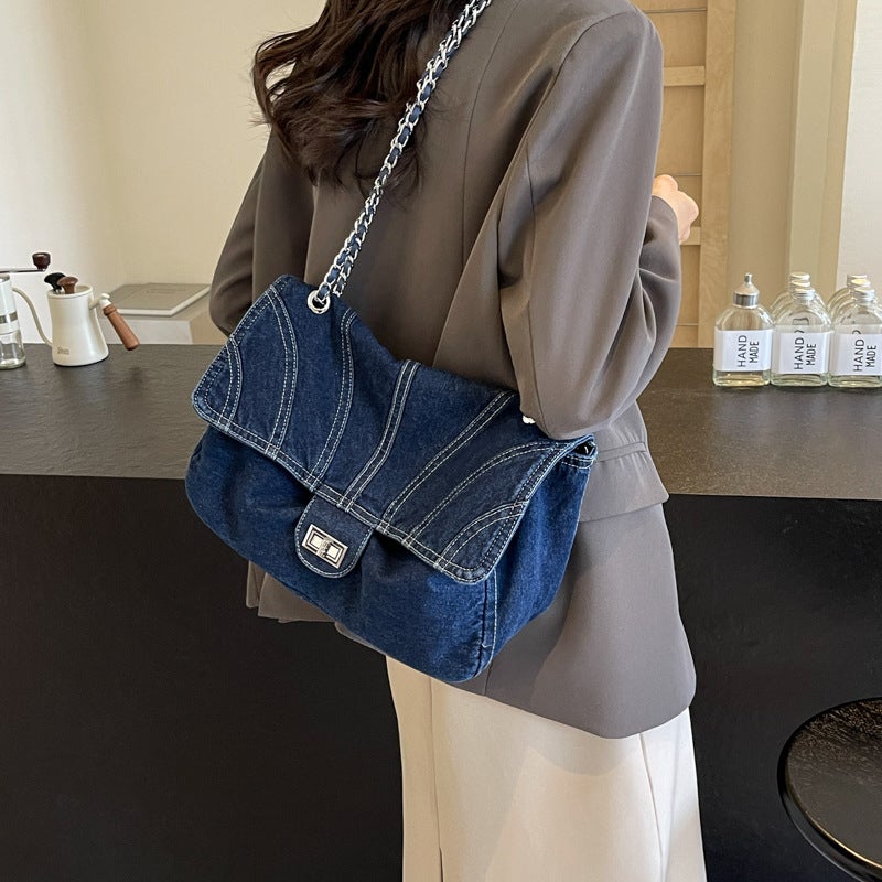 Vintage Denim Large Capacity Bag Women'S Trendy Niche Chain Underarm Shoulder Bag Fashionable Crossbody Bag - Image 2