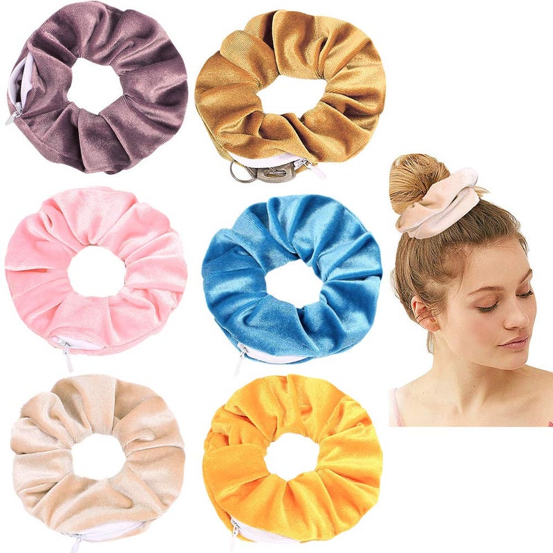 DINPREY Women Premium Velvet Scrunchie with zipper pouch hair ties Ropes secret zipper pocket scrunchies Tie Hidden Pocket scrunchies Hair Bands Soft Stash Hair Elastic Ties for Vsco Girl Stuff Scrunchies 6 