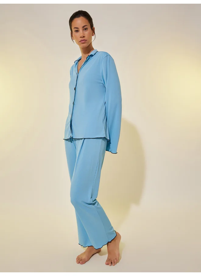 Take Two Take Two Ribbed Contrast Edge Long Sleeve Shirt and Pyjama Set