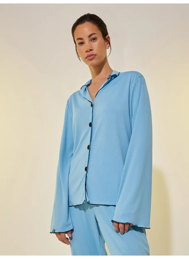 Take Two Take Two Ribbed Contrast Edge Long Sleeve Shirt and Pyjama Set