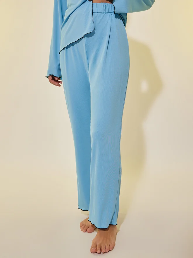 Take Two Take Two Ribbed Contrast Edge Long Sleeve Shirt and Pyjama Set