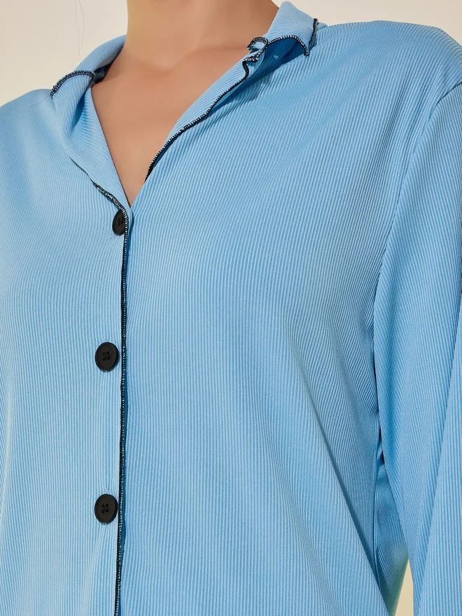 Take Two Take Two Ribbed Contrast Edge Long Sleeve Shirt and Pyjama Set