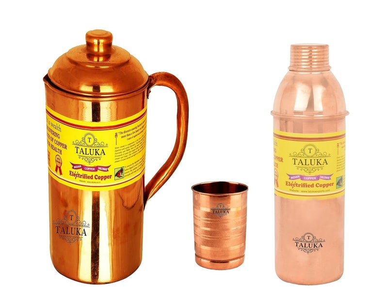 Taluka Plain Copper Jug Pitcher 1500 ml with 1 Copper Glass Cup 1 Water Bottle Storage Drinking Home Hotel Restaurant Tableware - Image 1