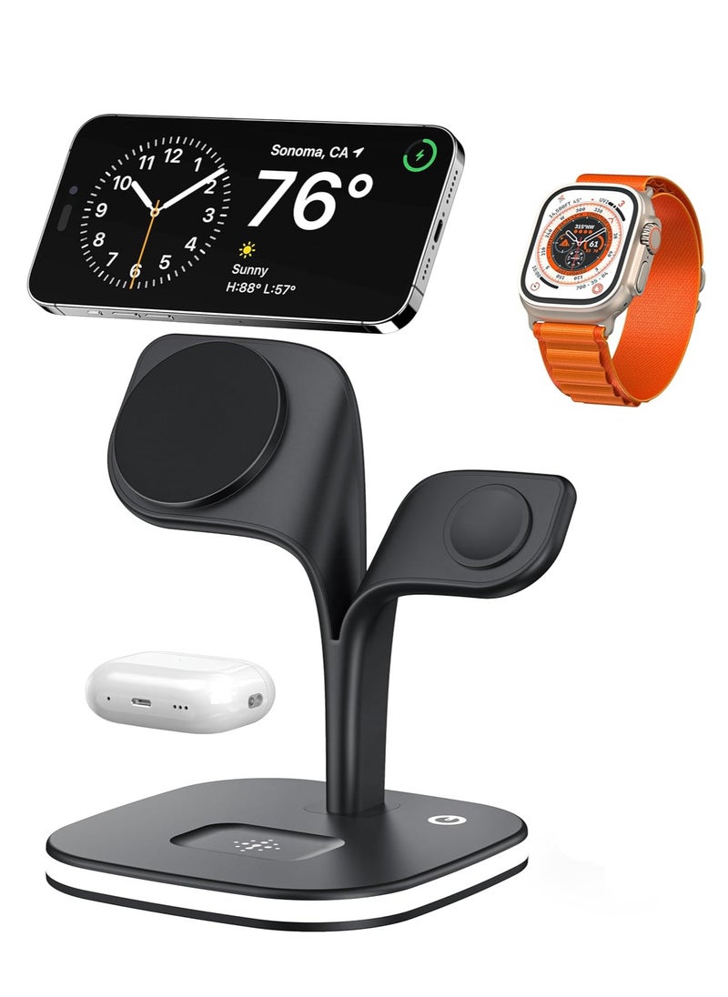 2025 3 in 1 Wireless Charging Station with Fast Charger, Foldable Magsafe Wireless Charger for Multiple Devices iPhone 16/15/14/13/12 Pro Max Plus Watch 1-9 AirPods, Black