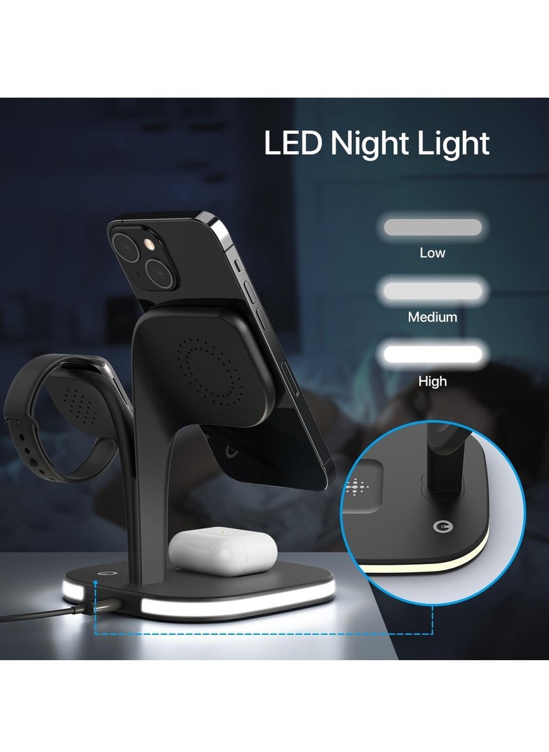 2025 3 in 1 Wireless Charging Station with Fast Charger, Foldable Magsafe Wireless Charger for Multiple Devices iPhone 16/15/14/13/12 Pro Max Plus Watch 1-9 AirPods, Black