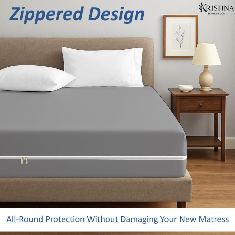 KRISHNA 1 Piece Zipper Fitted Mattress Encasement Sheet, Hotel Quality Soft Brushed Microfiber, Fits Upto 12 Inch Deep Mattresses, Shrink & Fade Resistant Easy Care, Queen 60" x 80", Light Grey - Image 2
