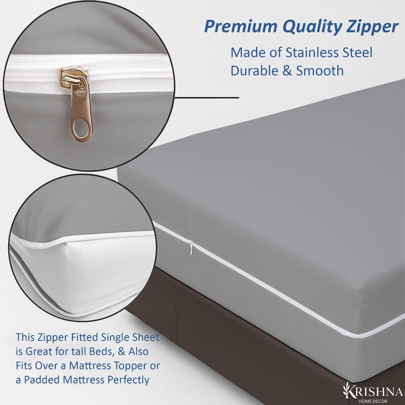 KRISHNA 1 Piece Zipper Fitted Mattress Encasement Sheet, Hotel Quality Soft Brushed Microfiber, Fits Upto 12 Inch Deep Mattresses, Shrink & Fade Resistant Easy Care, Queen 60" x 80", Light Grey - Image 5