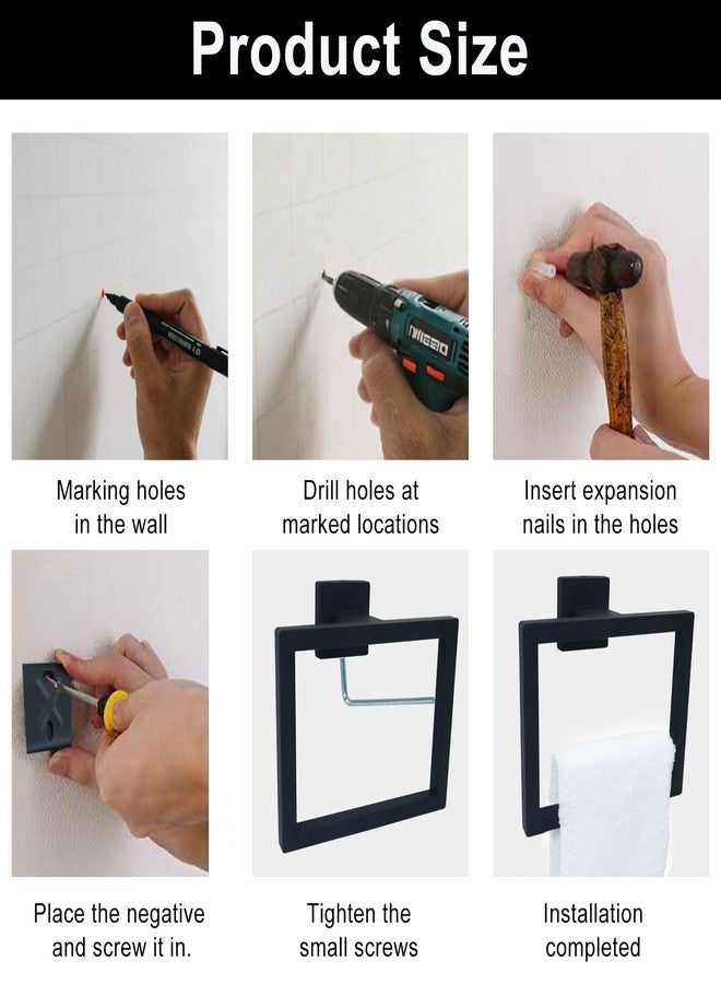 Rierdge Matte Black Towel Ring - Premium Stainless Steel Bathroom Accessory, Sleek Square Design Hand Towel Holder, Durable Wall-Mounted Towel Hanger for Contemporary Bathroom, 2 Pcs - Image 4