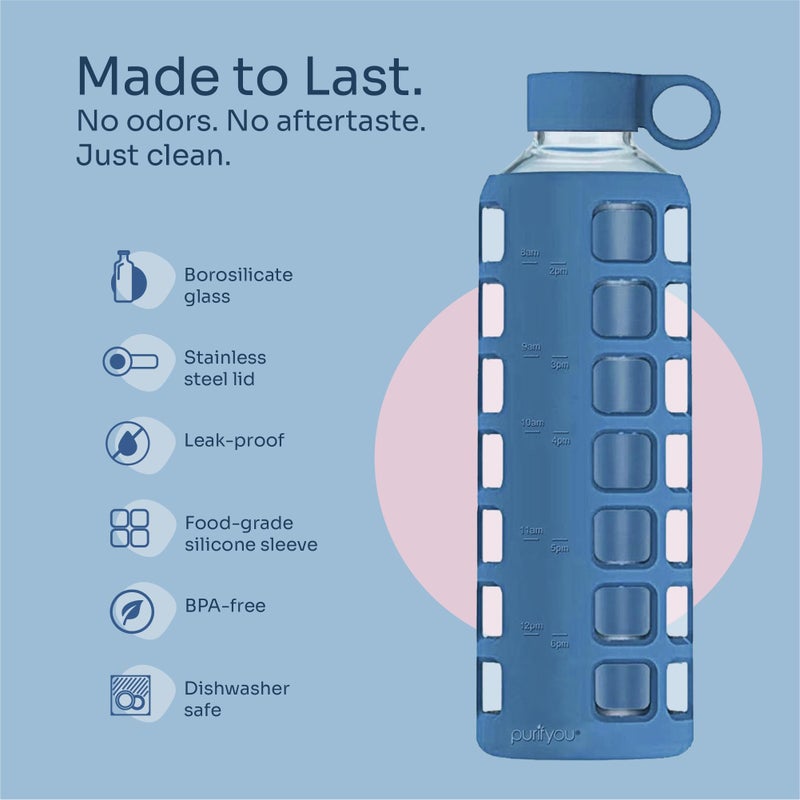 purifyou 40oz / 32oz / 22oz / 12oz Borosilicate Glass Water Bottle with Time & Volume Markers, Silicone Sleeve, Stainless Steel Lid | Reusable Glass Bottle for Water & Juice (22oz Chinese Porcelain) - Image 4