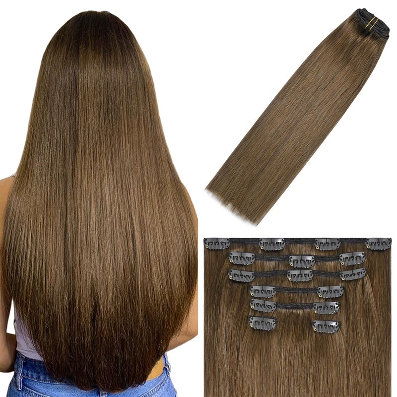 WindTouh Clip in Hair Extensions Real Human Hair Light Brown Hair Extensions 20Inch 75g 7PCS 6 Chestnut Brown Extensions Clip In