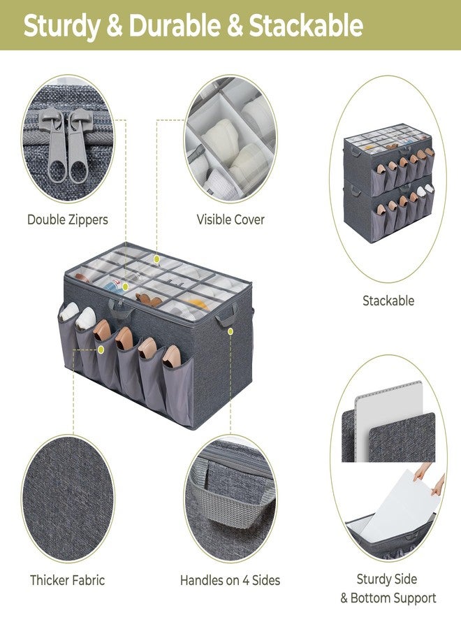 STORAGEIDEAS Shoe Organizer for Closet, Shoe Storage Solution with Clear Cover & Adjustable Dividers, Fabric Shoe Box Fits 16 +12 Pairs Shoes, Grey, 1-Pack - Image 4
